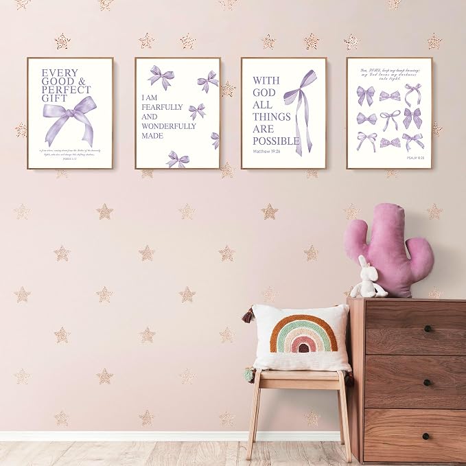 LARTSFRO Coquette Purple Bow Wall Art Decor Posters, Purple Bow Room Bedroom Bathroom Dorm Wall Art Decor Aesthetic for Teen Girls Gifts, Inspirational Bible Verses Bow Wall Decor, 12x16 Inch Set of 4 Pcs Bow Pictures (UNFRAMED)