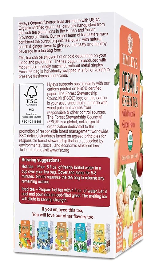 Hyleys Organic Green Tea Peach and Ginger Flavor - 25 Tea Bags (Pack of 2)