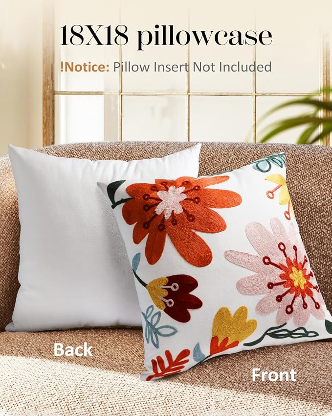 Embroidered Throw Pillow Cover - 18x18 Decorative Pillow Cover with Zipper Aesthetic Cute Design Boho Spring Summer Cozy Throw Pillowcase for Living Room Couch Sofa Bed, Artistic Flowers