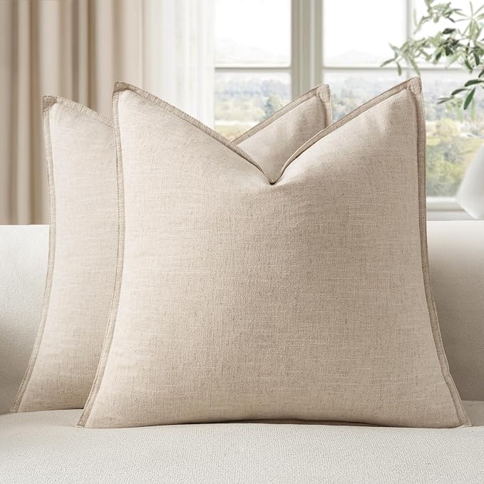 EMEMA Decorative Linen Throw Pillow Covers 18x18 Inch Natural Beige | Boho Farmhouse Neutral Couch Throw Pillows for Bed Pack of 2 Accent Pillowcase Modern Sofa Cushion Livingroom Home Decor