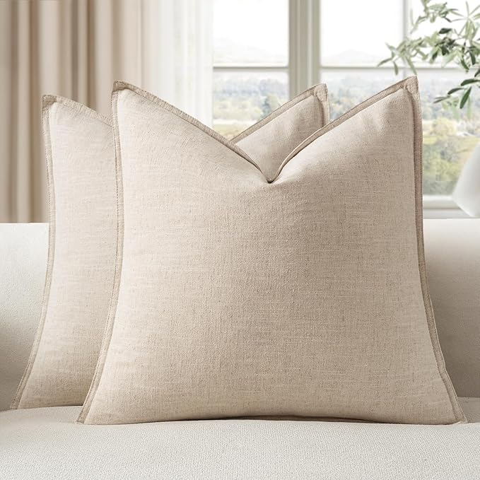 EMEMA Euro Sham Decorative Linen Throw Pillow Covers 26x26 Natural Beige | Boho Farmhouse Neutral Couch Throw Pillows for Bed Pack of 2 Accent Pillowcase Modern Sofa Cushion Livingroom Home Decor