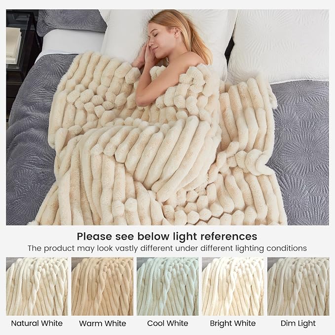 Cozy Bliss Faux Fur Throw Blanket for Couch, Cozy Warm Plush Striped Blanket for Sofa Bedroom Living Room, 108 * 90 Inches Beige