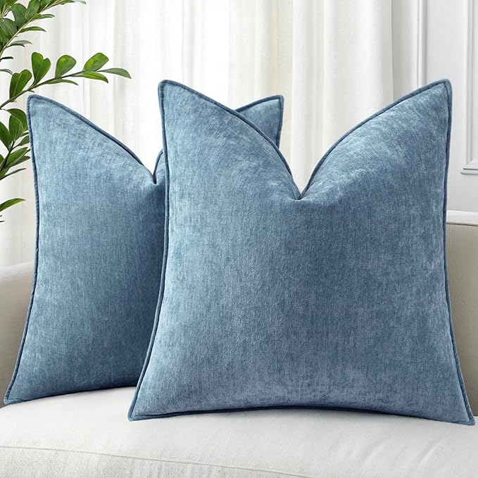 decorUhome Chenille Blue Grey Velvet Throw Pillow Covers 20x20 Set of 2 | Fall Soft Couch Decorative Modern Farmhouse Pillow Cases with Elegant Design for Sofa Bed Living Room Home Decor