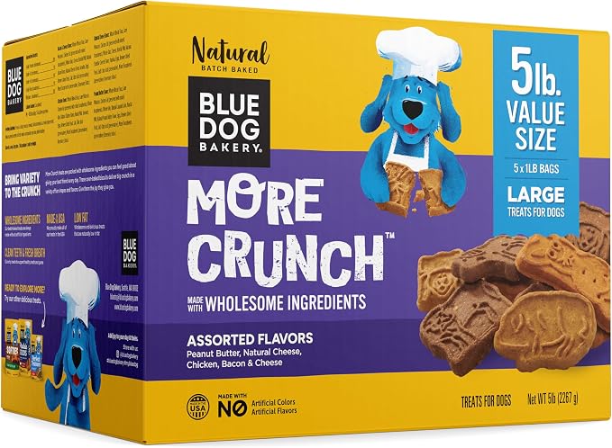 Blue Dog Bakery, More Crunch Assorted Biscuit, Large Dog Treats 5lb Box | Crunchy Oven-Baked Dog Treat Biscuits Bacon Chicken Cheese Peanut Butter, Made with Premium Wholesome Ingredients in the USA