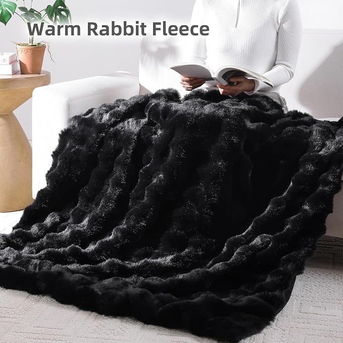 Faux Rabbit Fur Throw for Couch - Black Bubble Blanket 50"x60" | Fluffy Plush Fuzzy Throw for Sofa & Bed, Super Soft Cozy Comfrt Blanket, Luxury Aesthetic Black Decor Gift for Women