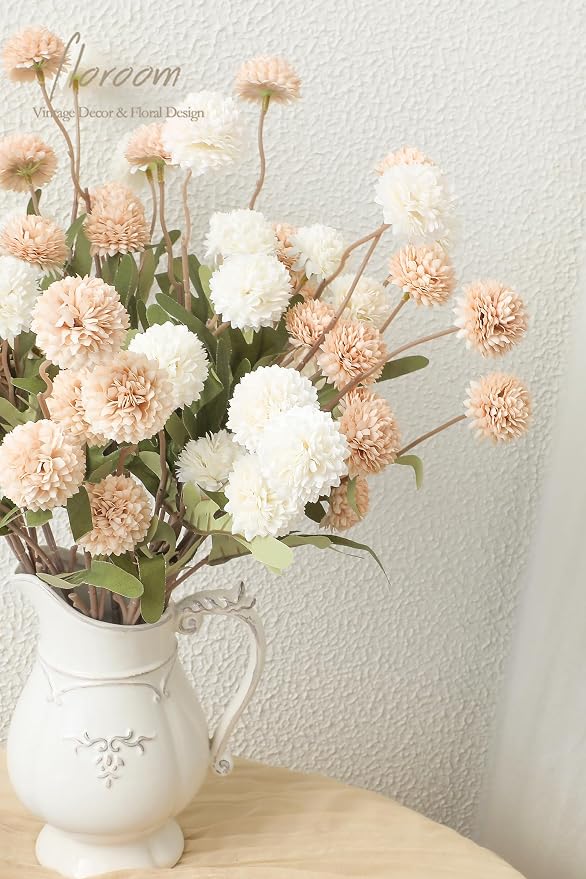 9pcs Beige Ivory Mix Faux Silk Mums Artificial Flowers, Bulk Fake Small Mini Chrysanthemums with Stems for DIY Wedding Centerpieces Floral Arrangements Vase Fillers Home Decorations