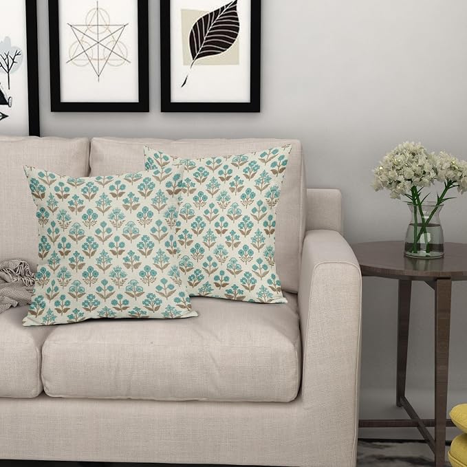 Brown Cyan Floral Block Print Pillow Covers 20x20 Inch Set of 2, Vintage Flower Pattern Decorative Throw Pillowcases Outdoor Farmhouse Cushion Covers Spring Summer Rustic Sofa Couch Bed Decor
