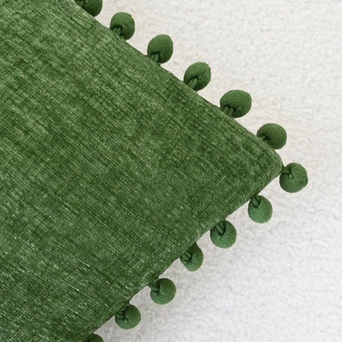 CaliTime Decorative Couch Throw Pillow Covers 16 X 16 Inches Forest Green | Pack of 2, Cozy Chenille Cushion Cases, with Pom Poms for Sofa Bed Living Room Farmhouse Home