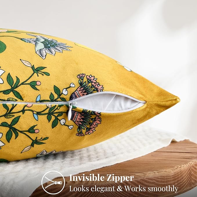 MUSSEL Mustard Yellow Floral Decorative Pillow Covers 18x18 Set of 2 | Soft Velvet,Wild Flower Plant,Throw Pillows Case,Square,Colorful Farmhouse Cushion Covers,Home Sofa Bed Couch Decor