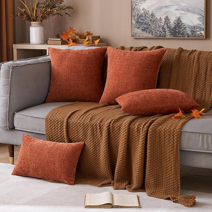 MIULEE Soft Chenille Fall Lumbar Throw Pillow Covers Burnt Orange 12x20 | Pack of 2, Modern Fall Decor, Classic Decorative Pillows, Solid Dyed Cases, Couch Cushion Covers for Sofa Bed Living Room