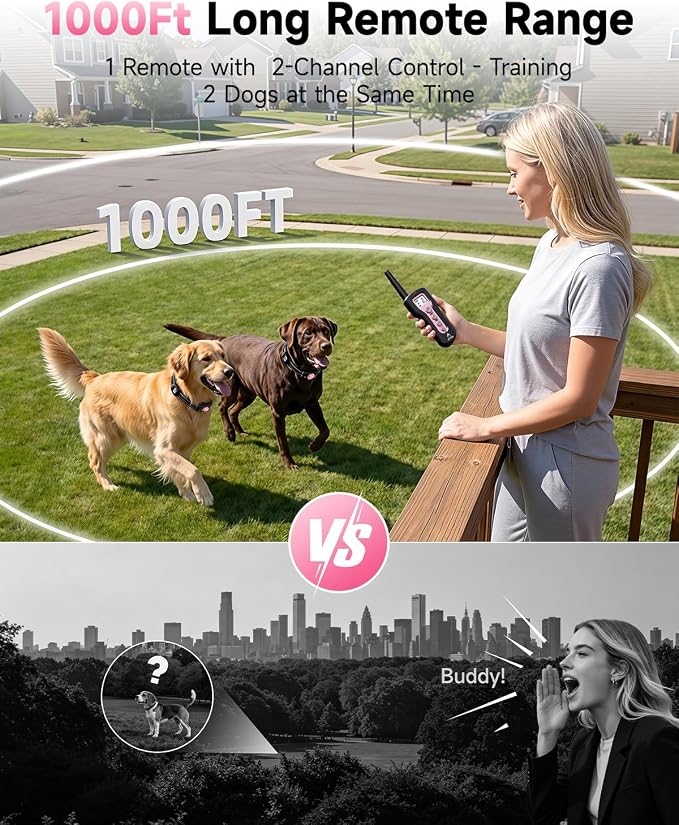 PATPET Dog Shock Collar - Rechargeable Dog Training Collar with Remote for Medium Large Dogs, 3 Training Modes (Beep/Vibration/Shock) IPX7 Waterproof 1000Ft Electric Dog Collar (Pink)