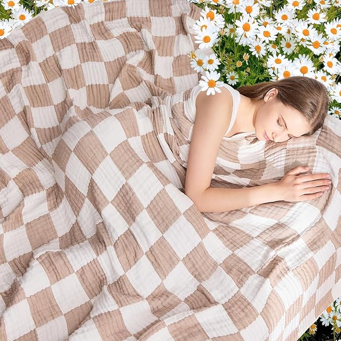 EMME Cooling Muslin Twin Blanket - Checkered Lightweight Summer Cotton Blankets of Rayon Derived from Bamboo for Hot Sleepers, Ultra Soft Breathable All Season Gauze