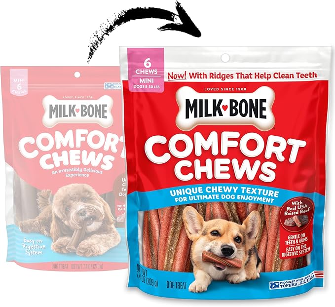 Milk-Bone Comfort Chews With Real Beef, 30 Mini Dog Chews | 5 (6-count) bags, For dogs 5-30 lbs., Rawhide-free dog chews, Unique chewy texture, Made with real beef
