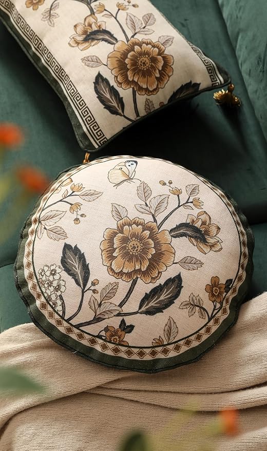 Vintage Elegant Linen Round Throw Pillow Cover,Diameter 16"-Murad D | Designer French Pillow Cover,Concealed Zipper Design,Sofa,Bedroom,Living Room,Lounge Chairs,All Season Home Decor