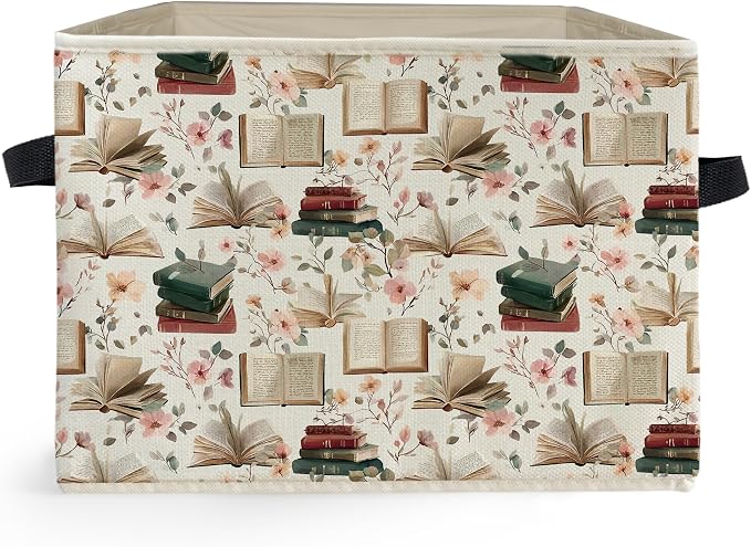Book Lover Gifts Storage Box Bins, Pink Floral Bookish Collapsible Storage Basket Organizer for Reading Nook Corner Room Library Home Nursery Clothes Books, Decor for Room