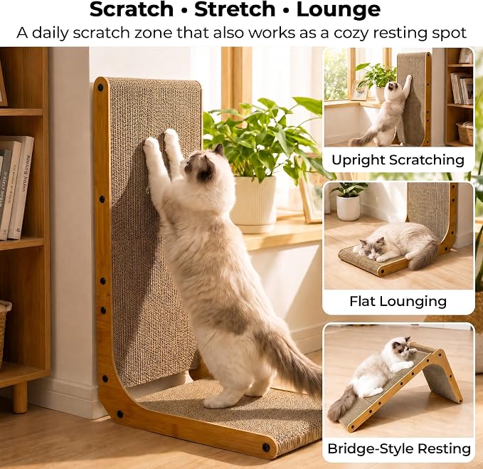 PatiencET L Shape Cat Scratcher, 26 Inch Cardboard Scratch Pad | For Indoor Cats, Large Vertical Scratch Board, Furniture Protector