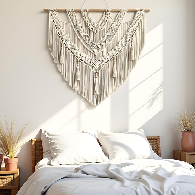 guzhiou Large Macrame Wall Hanging, Boho Woven Tapestry Decor Art, 43"x40" | Handmade bohemian woven tapestry for bedroom, living room, apartment. Perfect Boho style wall decor art for weddings, parties