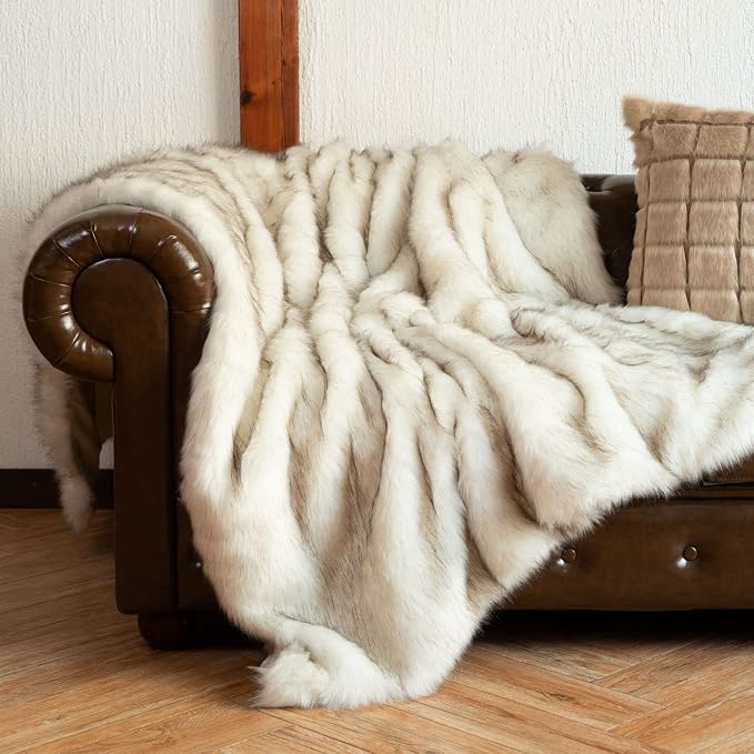 BATTILO Luxury White Faux Fur Throw Blanket for Couch, 50"x60", Tip-Dyed | Fuzzy Fluffy Elegant Cozy Blanket, Super Warm Plush Heavy Thick Faux Fur Blanket for Bed, Living Room