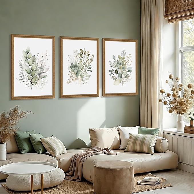 WRFON Framed Sage Green Botanical Wall Art Set of 3, Watercolor Eucalyptus & Wild Plant Canvas Prints, Minimalist Green Wall Decor for Living Room Bedroom Bathroom, 20x30 Inches