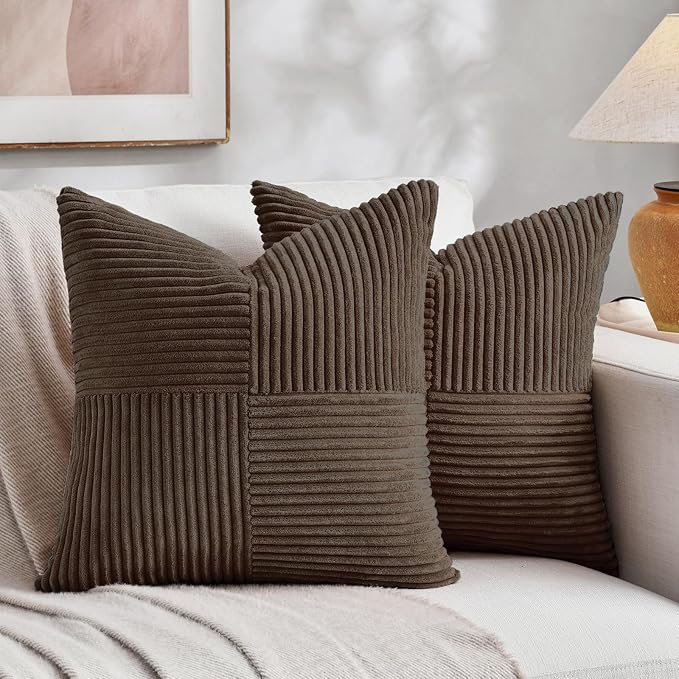 Fancy Homi Set of 1 Dark Brown Square Decorative Throw Pillow Covers 14x14 Inch for Living Room Bedroom Couch Bed Sofa, Soft Striped Corduroy Modern Rectangle Accent Cushion Case 35x35 cm
