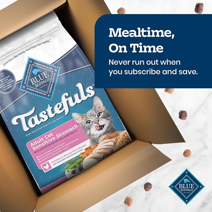 Blue Buffalo Tastefuls Chicken Adult Sensitive Stomach Dry Cat Food, 3 lb | Chicken & Brown Rice Recipe, Whole Grains, Garden Veggies & Fruit, No Corn, Wheat, or Soy