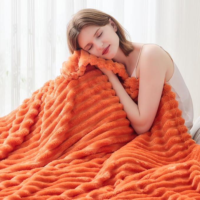 NEWCOSPLAY Fleece Ribbed Cozy Twin Blanket for Couch, Orange, 60"x80" | Premium Silky Flannel Blanket, Soft Lightweight Fluffy Throw Blanket for Bed Sofa Decor, Gift for All Season Use