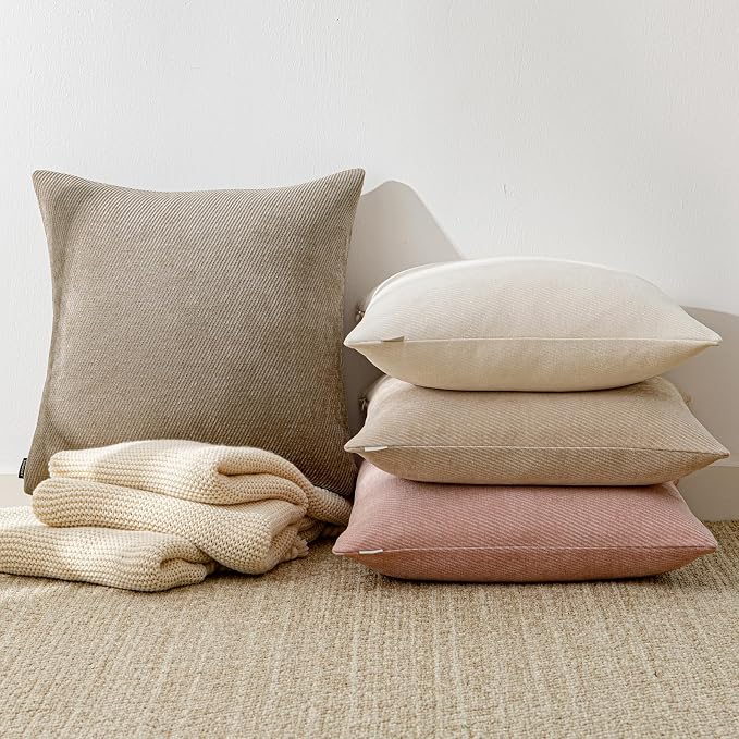 a moment Pack of 2 Decorative Chenille Throw Pillow Covers with Twill Cushion Covers for Sofa Living Room Couch Bed 22x22 Inch Light Brown