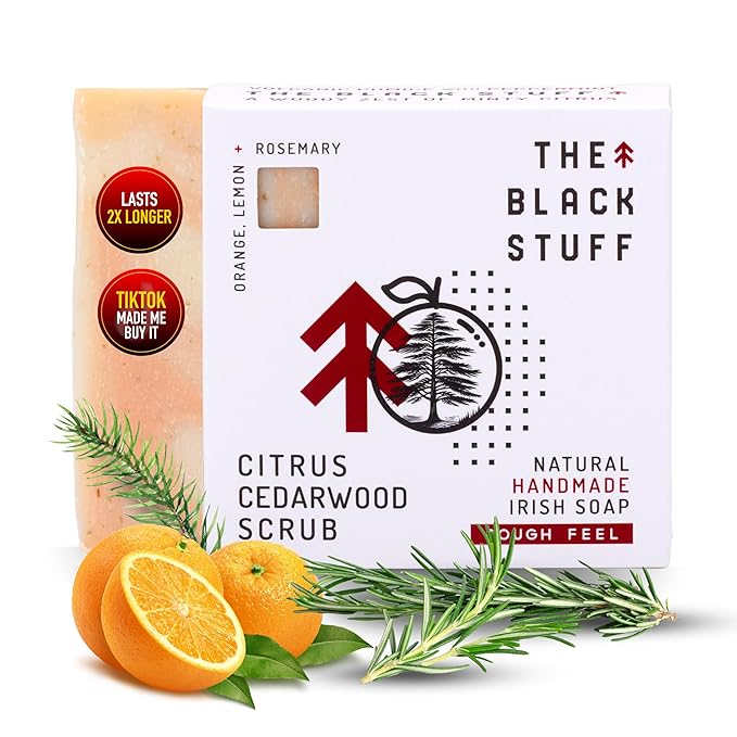 The Black Stuff All Natural Bar Soap for Men Handmade Cold Process Soaps with Organic Ingredients and Essential Oils - Mens Soap for Daily Use, Citrus Cedarwood Scrub Body Soap