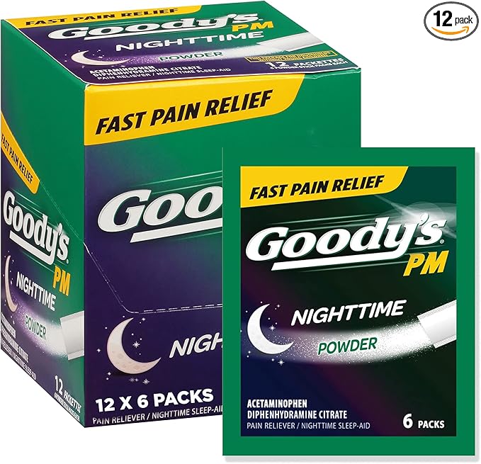 Goody's Nighttime Powder, Pain Reliever & Sleep Aid with Acetaminophen & Diphenhydramine Citrate, Caffeine Free, 6 Count, Pack of 12