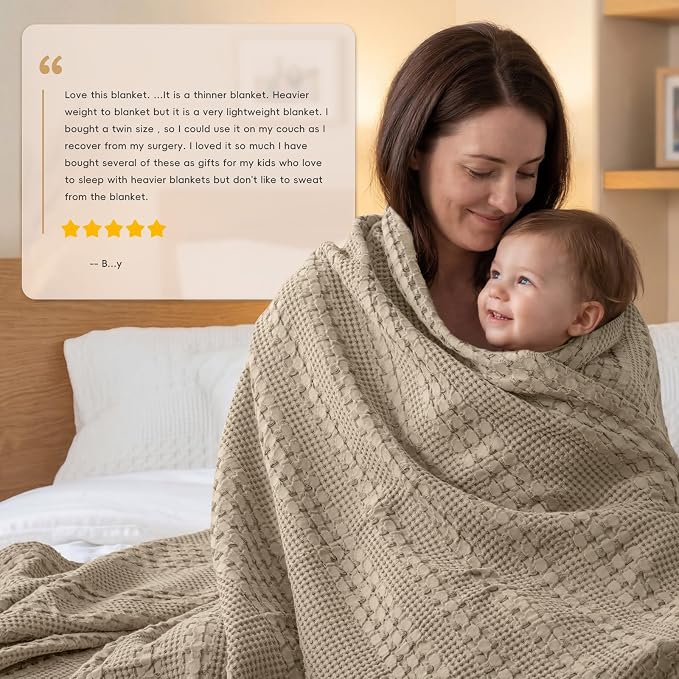 PHF 100% Cotton Waffle Weave Blanket Queen Size, Lightweight Breathable Summer Blanket for Hot Sleepers, Pre-Washed Soft Layer for Bed, Couch, Aesthetic Home Decor & Gift, 90"x90", Taupe