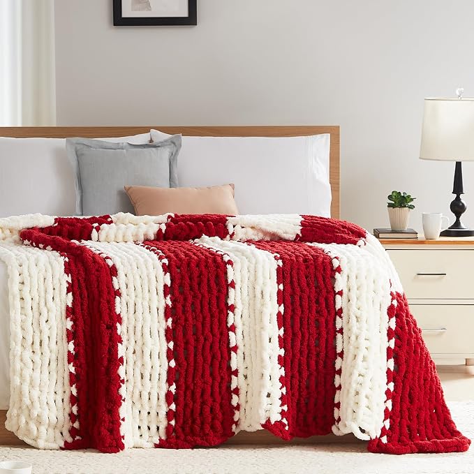 L'AGRATY Chunky Knit Throw Blanket for Couch, 80 x 90 Inches, Red White | Handmade Chenille Crochet Blanket for Sofa Bed, Thick Cable Knitted Blankets for Room Home Decor, Birthday Gift for Women Mom