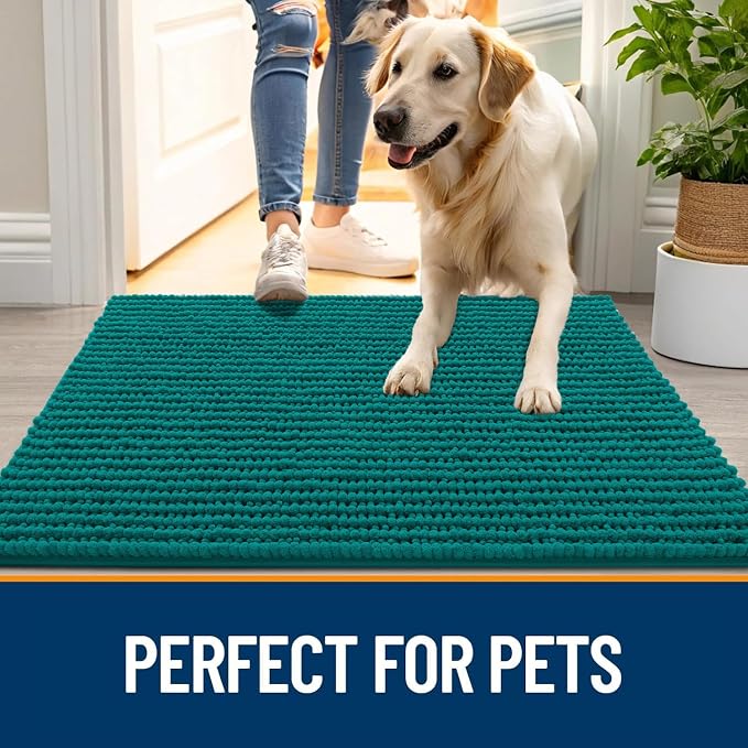 OLANLY Dog Door Mat for Muddy Paws 44x24, Extra Absorbent Chenille Mud Mat | Dark Blue, Absorbs Moisture and Dirt, Non-Slip Machine Washable Doormat, Quick-Drying Indoor Entryway Floor Mat for Dogs