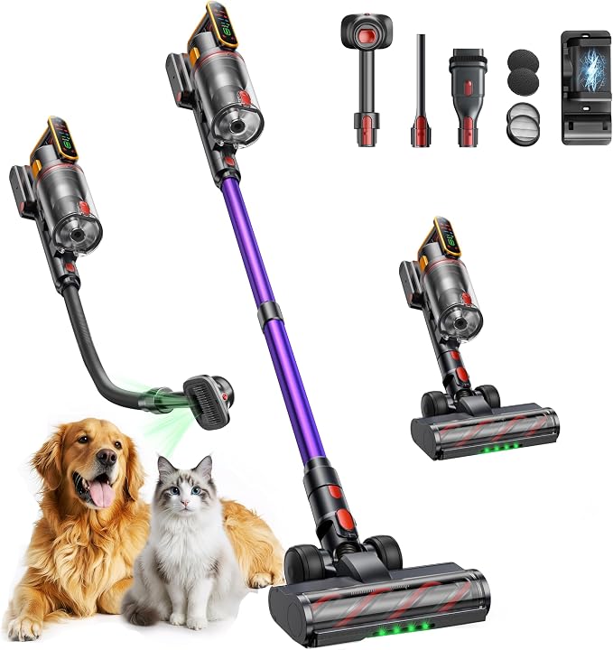 Fieety Cordless Vacuum Cleaner with Pet Brush 55KPa 650W 70Mins for Home | Stick Vacuum Cleaners, 3.3Ft Hose, Wall Mount Charging, Auto Mode, Touchscreen, Self-Standing Vacuum for Pet Hair/Carpet/Car