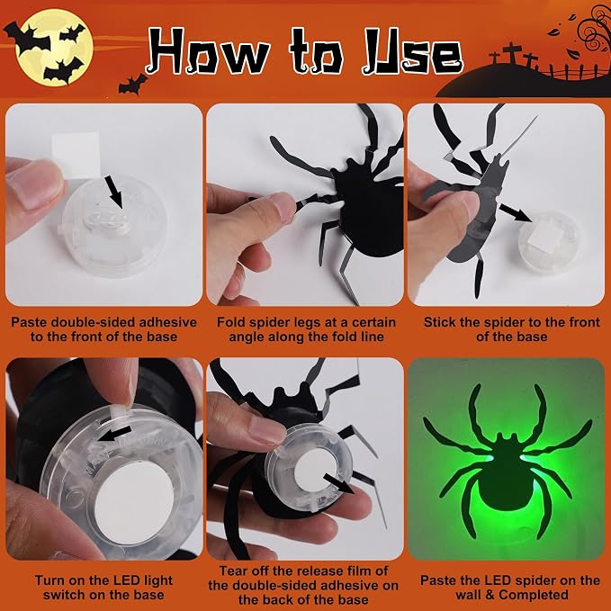 DR.DUDU 36 Pack Halloween Wall Decor Light up Spiders, Green | 3D Spider Stickers, Removable Wall Decals, Assorted Sizes, PVC, Window Decorations, For Indoor Outdoor Bathroom Home Party
