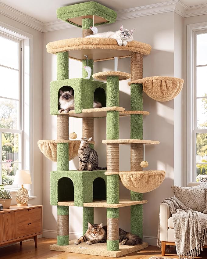 Globlazer Extra Large Cactus Cat Tree Tower, 82in Tall Heavy Duty Cat Tree for Indoor Cats Large Adult Big Cat Tower with 8 Scratching Posts, 2 Cat Condos, 2 Top Perches, 3 Hanging Baskets, S82, Green