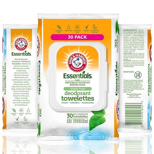 Arm and Hammer Face and Body Wipes for Adults - Deodorant Towelettes 30 Sheets for Women - Shower Wipes for Traveling, Camping, Gym, and Bathing - Alcohol-Free Face Sheets (Simply Fresh)