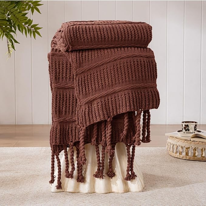 Boho Knitted Chenille Blanket with Tassels - Lightweight & Soft All-Season Throw - 3D Classic Pattern for Living Room Bedroom Couch, Copper Brown, Queen 90"x90"