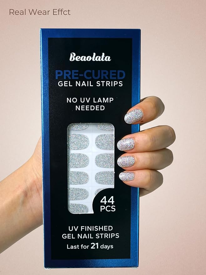 Real Gel Nail Strips (No UV Light Needed) - 44Pcs Salon Quality Nail Stickers - Long Lasting Polish Wraps for Women, Easy Apply & Remove (Ethereal Silver)