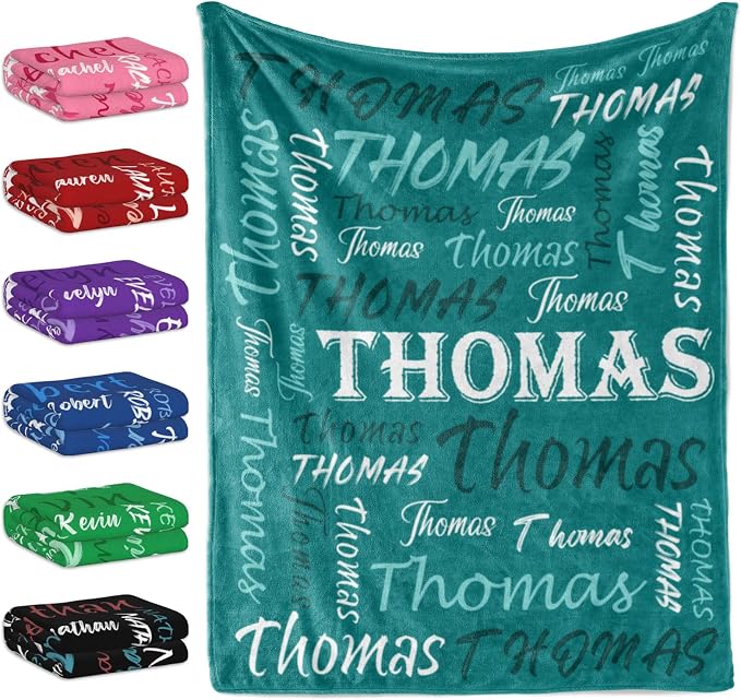Personalized Name Throw Blanket, Custom Teal Theme Light Soft Flannel Fleece Throw Blanket with Name for Men Women Boys Girls Kids, Customized Name Gifts for Birthday Christmas Valentines Day