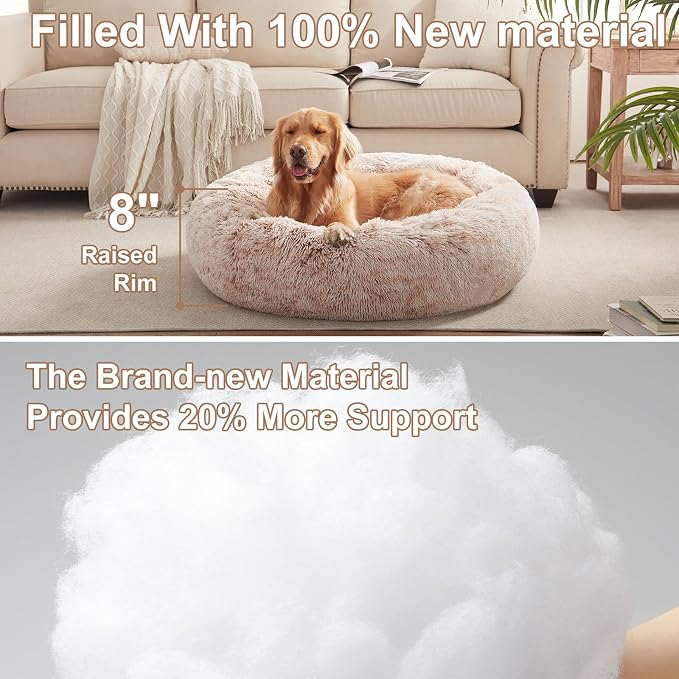 36 inches Faux Fur Fluffy Donut Dog Bed for Large Dogs,Brown | Calming Plush Round Pet Bed with Removable & Washable Cover,Fits up to 80 lbs Pets