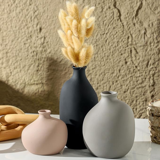 Ceramic Vase Set of 3, Small Modern Minimalist Pottery Vases for Home Decor | Set of 3 with unique shapes and matte finish, perfect for shelves, tables, dried flowers and pampas grass.