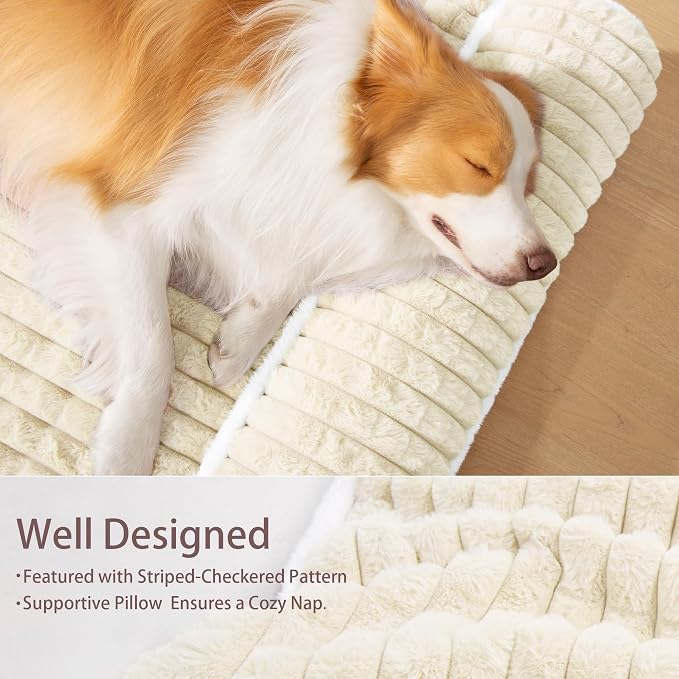 Orthopedic Medium Dog Bed Pillow Pet Sofa Bed 30''X20'' Ivory | Egg-Crate Foam Pet Couch Medium Size Dog, Waterproof Removable Washable Cover,Furry Puppy Crate Mat With Nonskid Bottom
