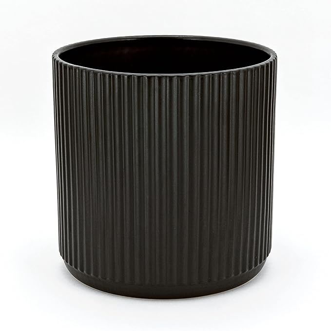 Amazon Basics Fluted Ceramic Planter Pot for Indoor Outdoor Plants, Round Flower Pot with Drainage Hole, 10-inch, Black