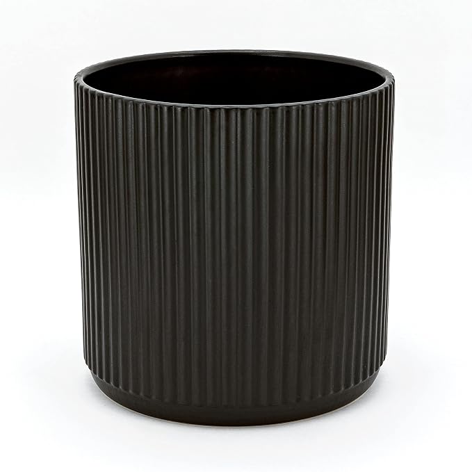 Amazon Basics Fluted Ceramic Planter Pot for Indoor Outdoor Plants, Round Flower Pot with Drainage Hole, 8-inch, Black