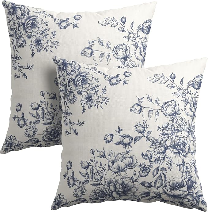 Kawani Blue Floral Throw Pillow Covers 22x22 Inch Pack of 2, Vintage Grandmillennial Style Chinoiserie Floral Square Pillowcase Cotton Linen Cushion Case for Couch Sofa Bed Home Decor