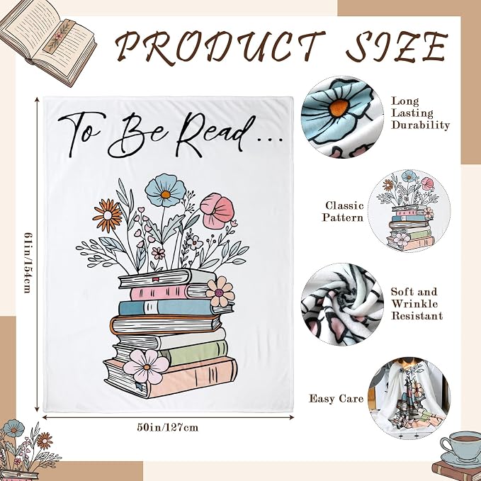 Book Lover Gift Blanket for Reading Lovers 50'' x 60'' Book Flower | To Be Read Blanket for Reader Teacher Friends Back to School Decor for Home Sofa Couch Bed