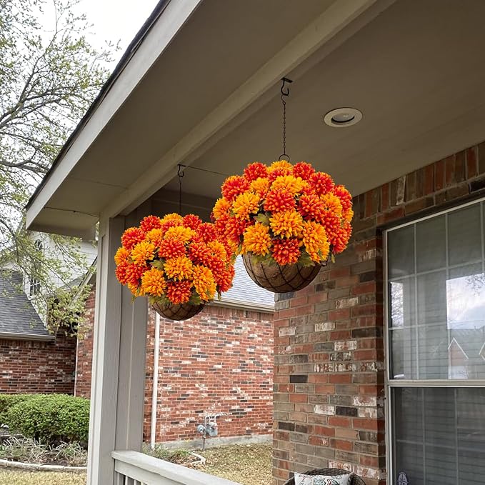 4 Bundles Large Artificial Fall Flowers Faux Mums for Outdoor Planters | Silk Fake Chrysanthemums Bouquet for Home Vase Outside Front Porch Table Floral Arrangement Wedding Autumn Decor