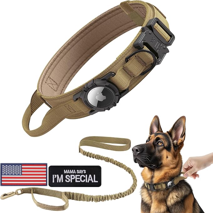 Tactical AirTag Dog Collar Leash Set - Heavy Duty, Adjustable GPS Collar