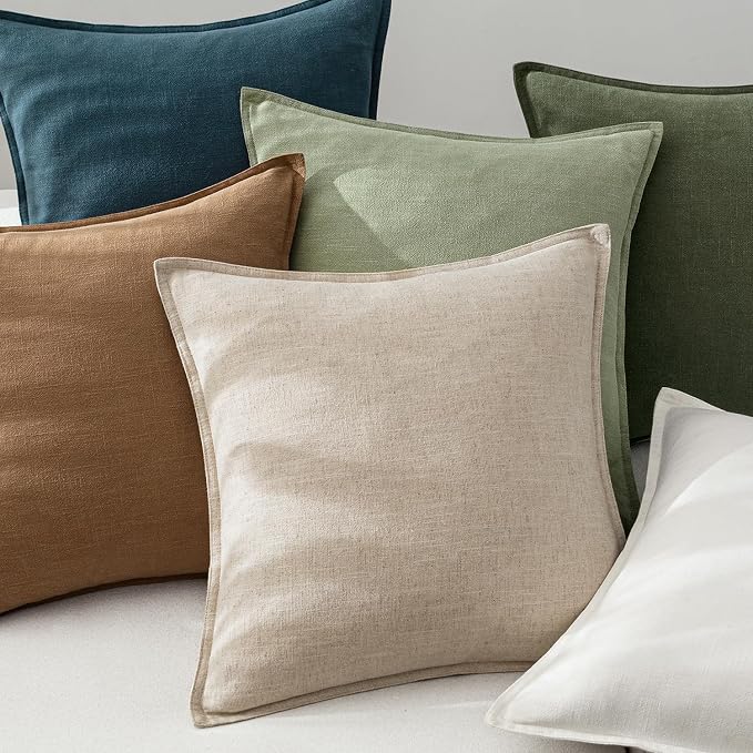 EMEMA Decorative Linen Throw Pillow Covers 20x20 Inch Dark Olive Green | Boho Farmhouse Neutral Couch Throw Pillows for Bed Pack of 2 Accent Pillowcase Modern Sofa Cushion Livingroom Home Decor