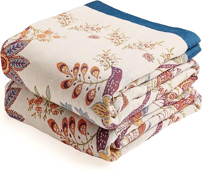 VANJOROY Boho Throw Blanket, 100% Organic Cotton Breathable Ultra Soft 91" x 108" King Bed Quilt Throw - All Season Floral Rustic Farmhouse Decor Luxury Blanket for Sofa Couch Chair and Gift